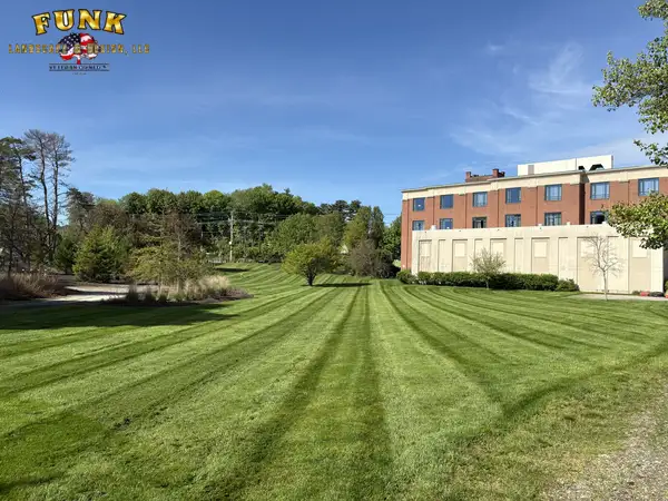 Diagonal mowing stripes on a commercial property lawn